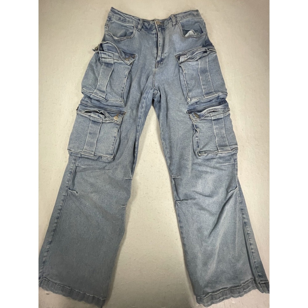 Fashion Nova Jeans Womens M Blue Denim Stretch High‎ Rise Cargo Pockets Wide Leg